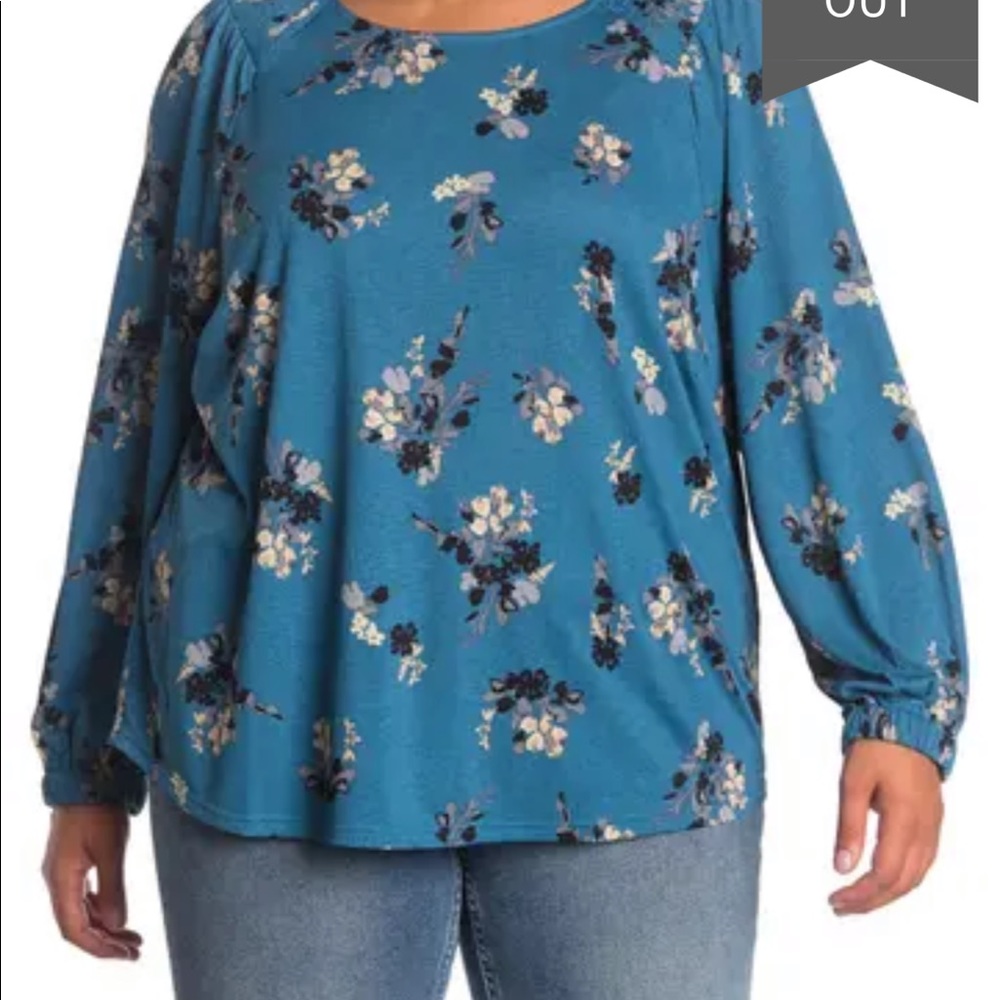 Melloday Long Sleeve Smocked Shoulder Top Teal 1X